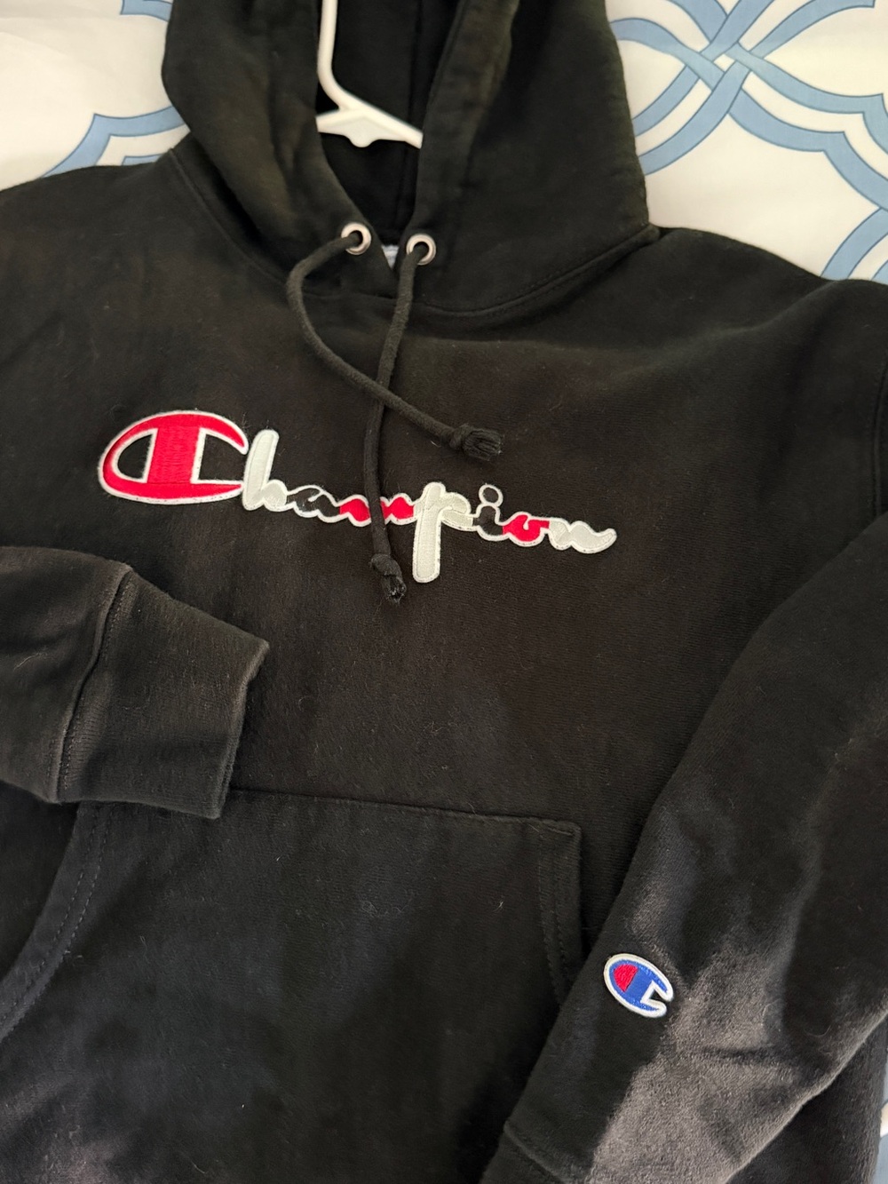 Champion Black Hoodie with Red & White Script Logo
